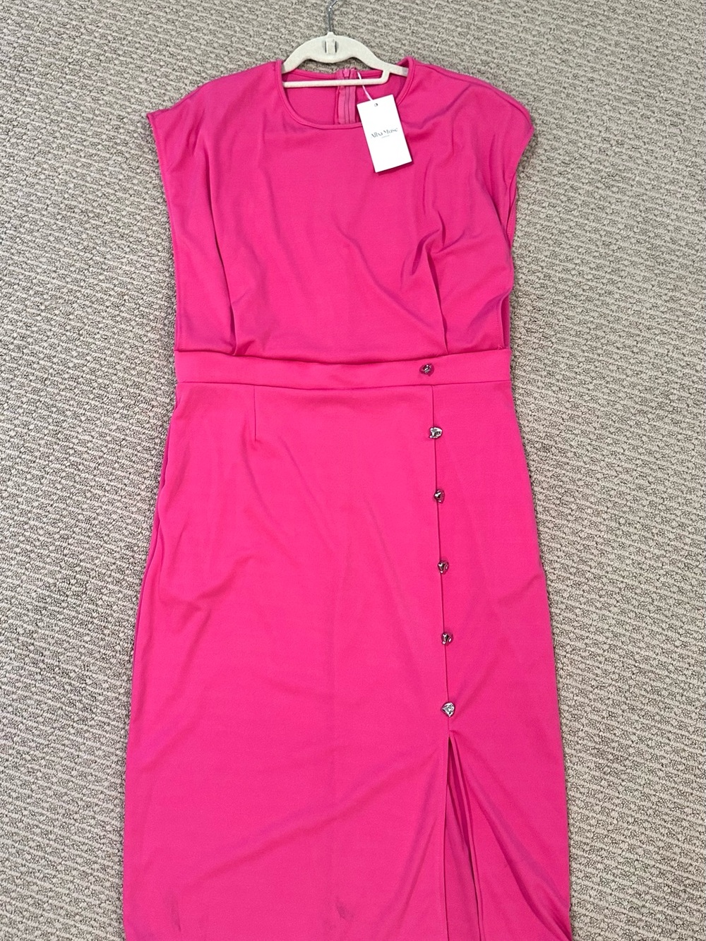 Cap-Sleeve Midi Dress in Vibrant Pink with Side Button Detail